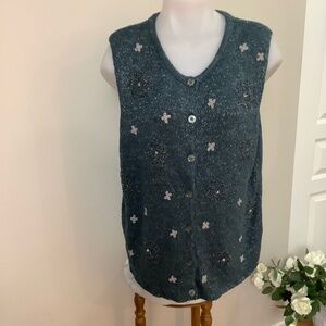 Silk knit Teal Embroidered Vest Cardigan XL